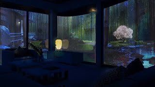 Rain On Japanese Zen Garden In Modern Home At Night, For Sleep, Study, Relaxation | Soothing Sounds