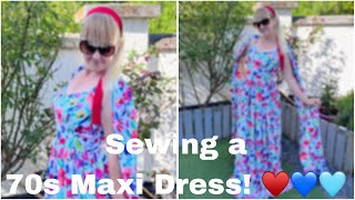 SEWING A 70S INSPIRED MAXI DRESS!! ♥️🩵💙💕 #sewing #vintageinspired #maxidress #1970s  #70sstyle