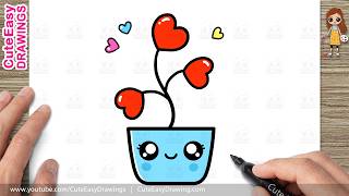 how draw cute heart plant easy step step kawaii flower pot