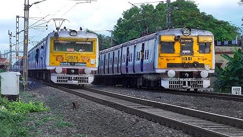 Two Different Looking Colorful EMU Local Trains Speedy Crossing back to back | Eastern Railways