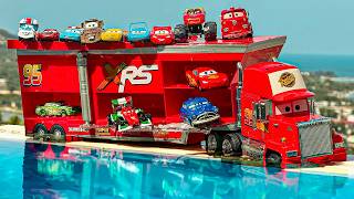 Disney Pixar Cars falling into deep pool, Lightning McQueen, Tow Mater, Mack, Sally, Francesco