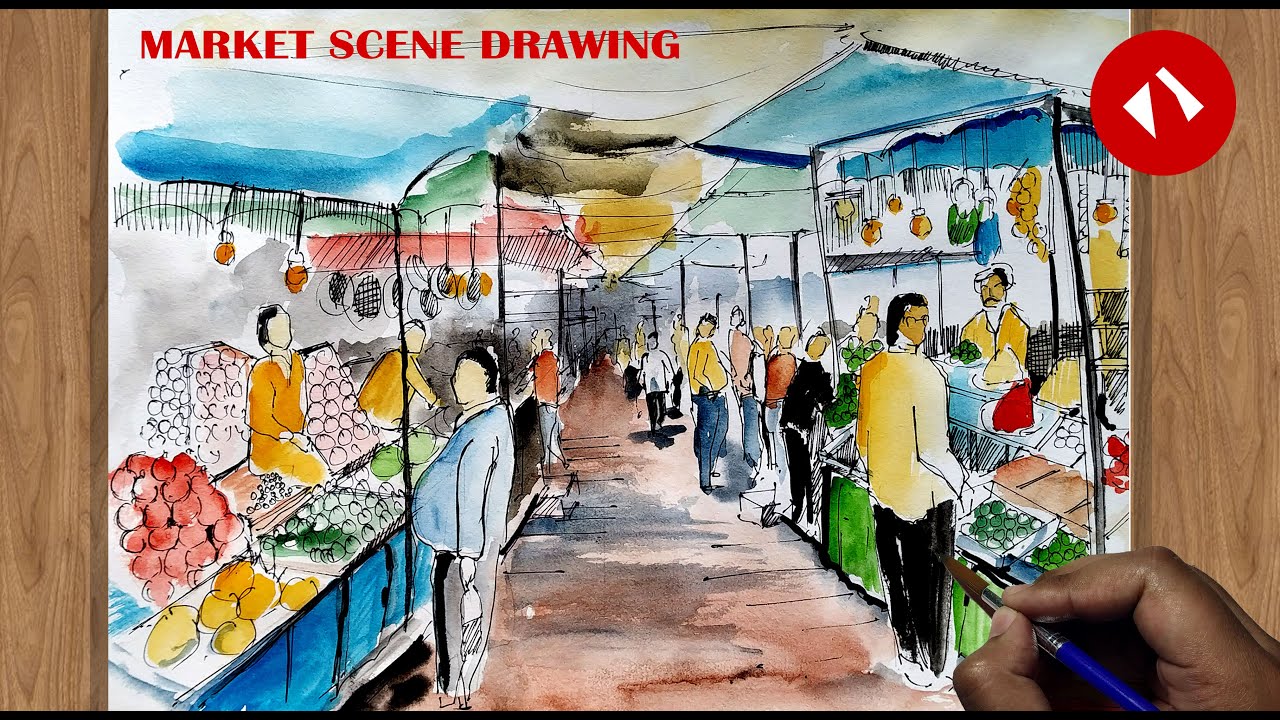 Market Scene Drawing How to Draw Market Easy YouTube