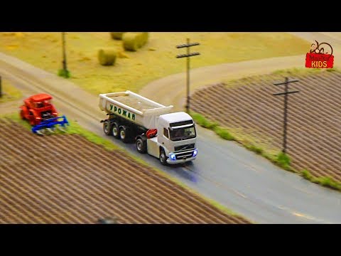 Trucktor farm and animals. Cartoon location and little trains
