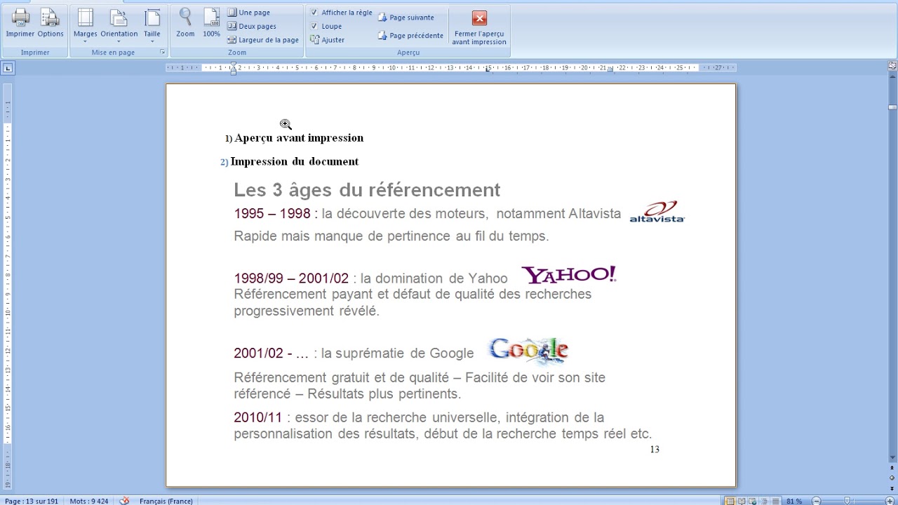 Word 2007 -faire aperçu et imprimer du documents - YouTube
