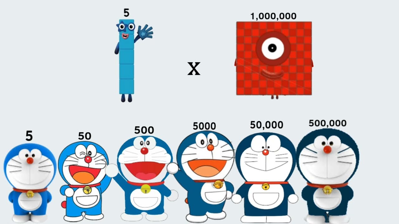 Numberblocks 5 times 1 to 10 million and generate Doraemon character  answers from 5 to 50 million