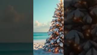 "Christmas Tree on a Serene Sandy Beach: A Holiday Scene with Snow and Ocean View"