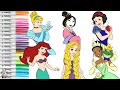 Disney Princess Coloring Book Page Compilation Rapunzel Cinderella Snow White Tiana Ariel and Mulan