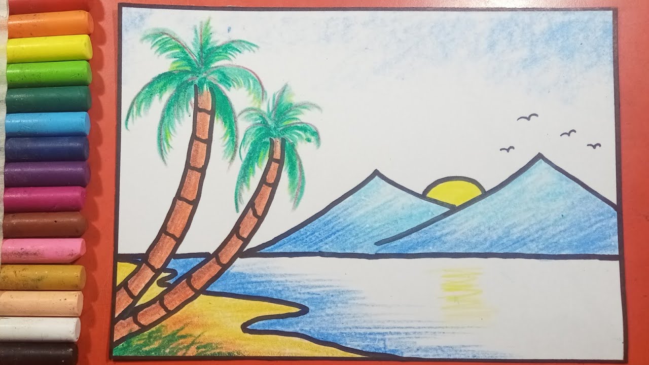 Easy and Simple Sea Beach drawing - YouTube