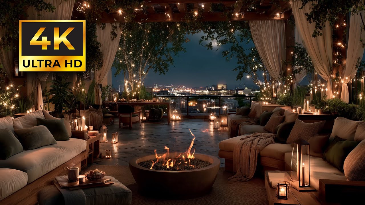 Cozy Dreamy Terrace Night Ambience Crackling Fireplace🔥 Relax Warm Fairy Lights & City View No Music