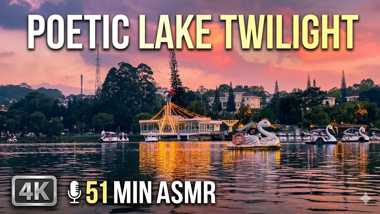 51 Min Poetic Lake Twilight | Glowing Pagoda, Duck Boats & Distant City Hum | 4K | Oppa Toai