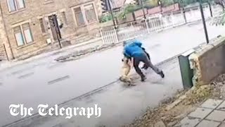 video: Watch: Driver mounts kerb to help man dragged into the road during dog attack