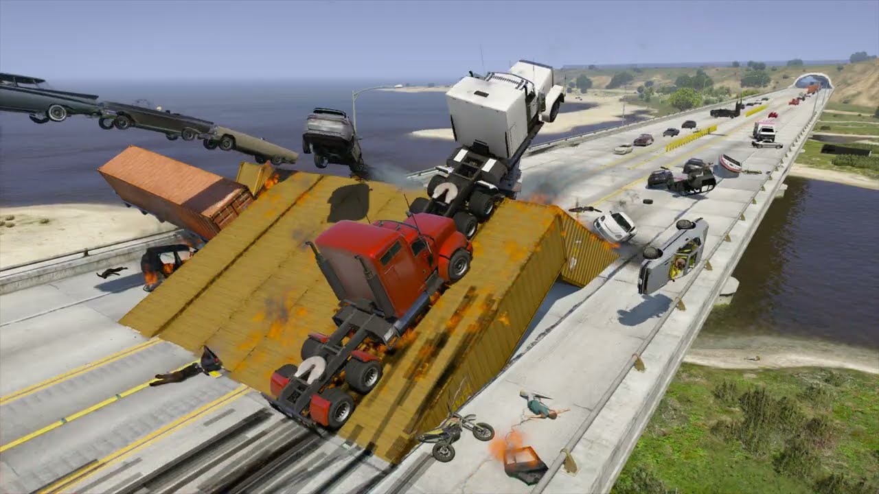 GTAV - What Happens if Giant Ramp on a Bridge| Part 06