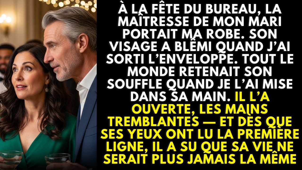 À la fête du bureau, sa maîtresse portait ma robe — son regard a gelé devant l’enveloppe blanche