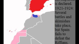 Spanish-Moroccan Wars
A map simulation showing all the conflicts between Spain and Moroccans.
Red - Spain
Pink - Spainish occupied
Yellow - Tangier
Blue - Rif Republic Spanish-Moroccan Wars