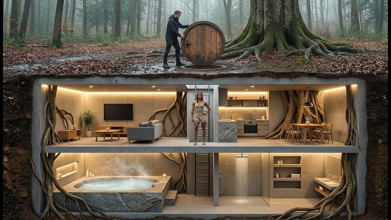 Man BUILT a Secret Mansion Underground Under a TREE – Forest Building ASMR
