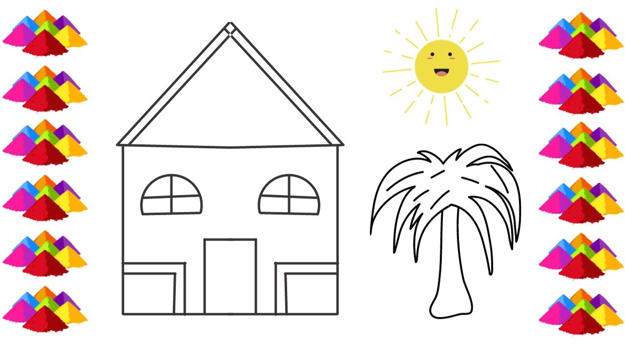 Easy House,Tree,Sun drawing and colouring for Toddlers How to Draw a