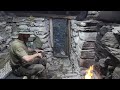 2 Days solo In a abandoned stone cottage on the mountain 1000m height! i built a door. cooking etc.