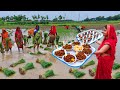 धान की रोपाई करती, कजरी गीत गाती महिलाओं के लिए चने का सलोनी नाश्ता चाय बनाया | Dhan(rice) ki Ropai