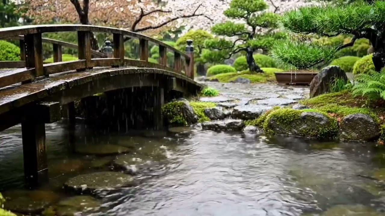 Japanese Zen Garden Rain & Soft Zen Music for Deep Relaxation 🌸 Calm Sakura Bridge Ambience