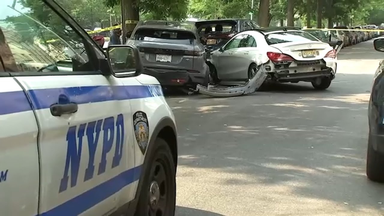 Search for driver after vehicle crashes into parked cars in Brooklyn ...