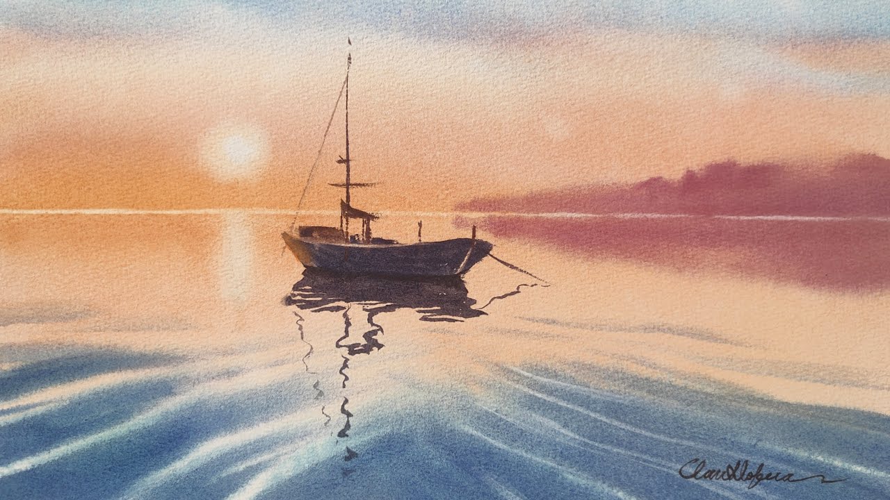 Cómo pintar el SOL NACIENTE y barco en el mar | PAISAJE EN ACUARELA | Watercolor landscape painting