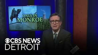 Stephen Colbert auctioning "Only in Monroe" items
