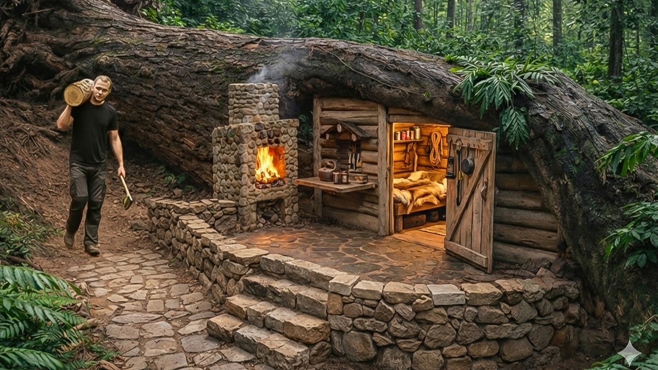 Build a cozy and comfortable mini log cabin under the giant fallen tree - Solo bushcraft survival