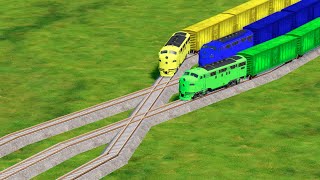 Triple Colorful Train Vs Tangled Impossible Weird Rail Track Crossing Police Outpost in BeamNG.drive screenshot 4