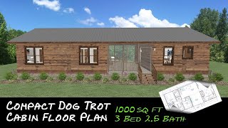 Compact Dog Trot Cabin Floor Plan  1000 sq ft  3 Bedroom 2.5 Bath