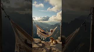 Title: Hammock at the Edge | Senior Reading with Dog, Sunset Mountain Calm