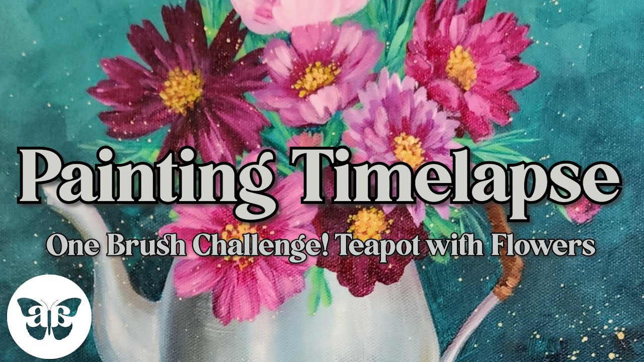 "One Brush Challenge! Teapot with Flowers" Acrylic Painting Time-Lapse ...