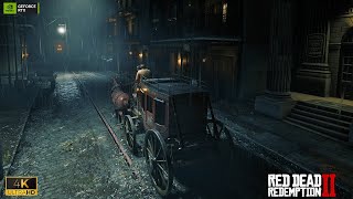 [4K] Red Dead Redemption 2 - Rainy Horse Carriage Ride at Night in Saint Denis