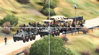 A convoy of elite Russian troops carrying a full load of ammunition hit a mine on a hillside.