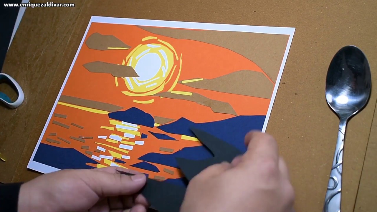 Collage Tropical sunset landscape Art with paper Art techniques