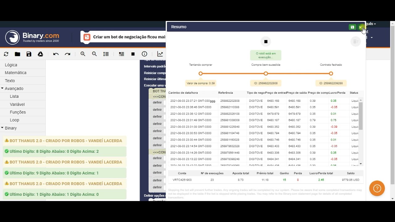 (GRATIS)BOT BINARY THANUS OVER 4 – LOSS VIRTUAL – MARTINGALE INTELIGENTE(RECUPERAÇÃO).