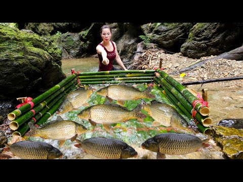 Ana cut bamboo to make a fish trap in the stream and unexpectedly caught a large haul of fish.