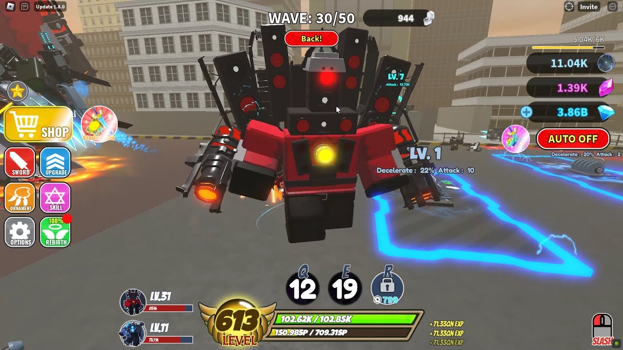 Roblox Sword Warriors! Titan Speakerman's double cannon showcase