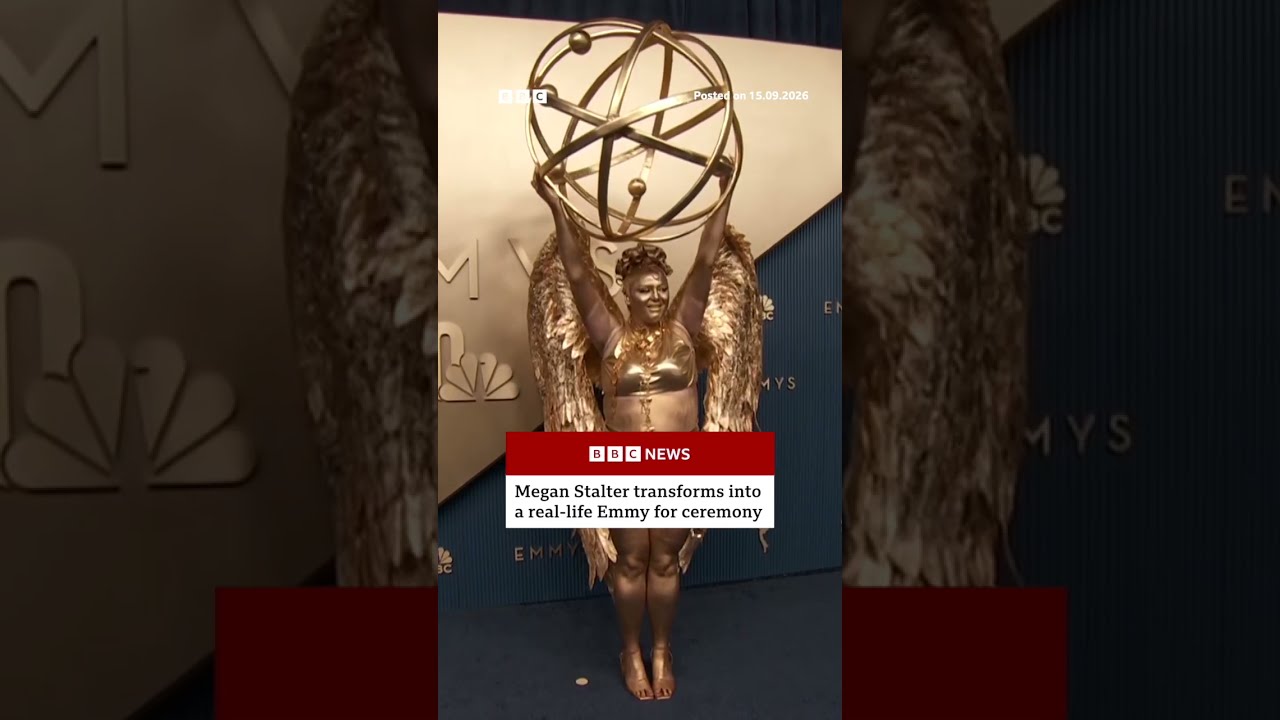 Actress Megan Stalter transforms into a real-life Emmy for ceremony. #Emmys #BBCNews