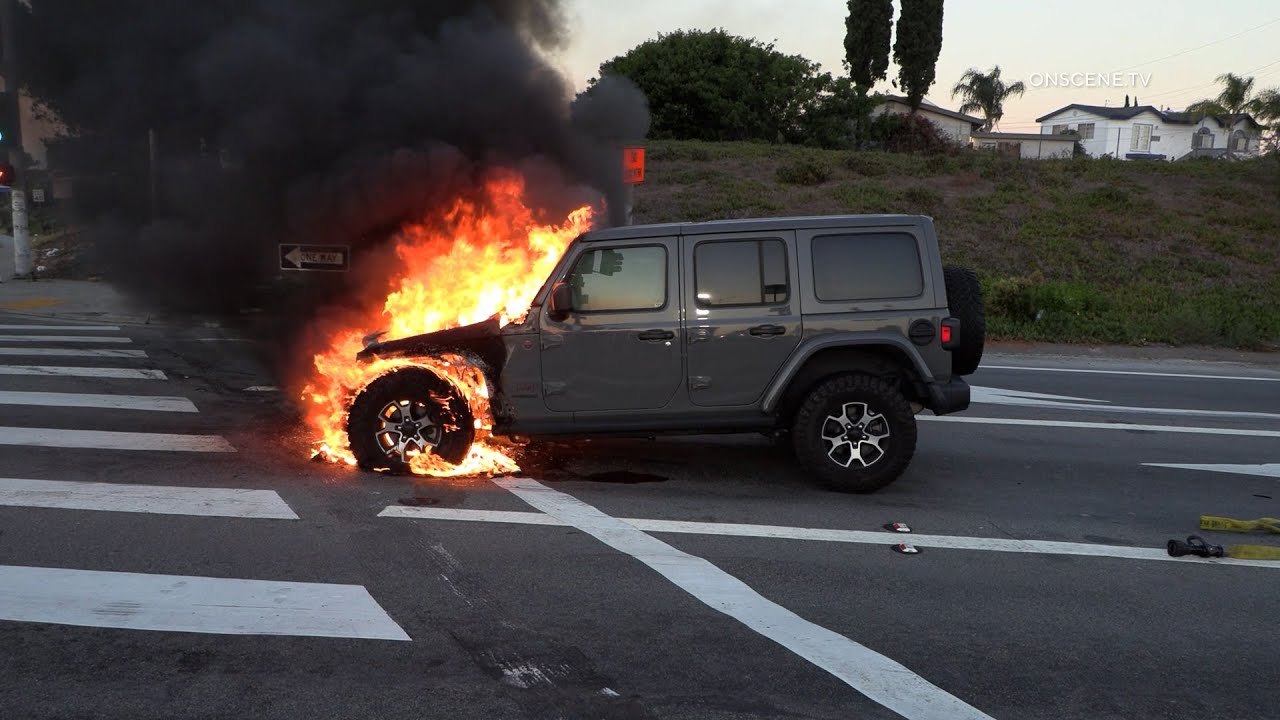 Jeep Catches Fire After Exiting Freeway
