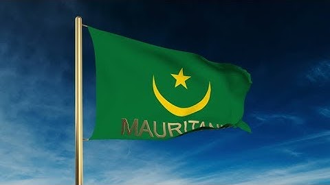 4K Mauritania flag slider style with title. Waving in the wind with cloud background animation