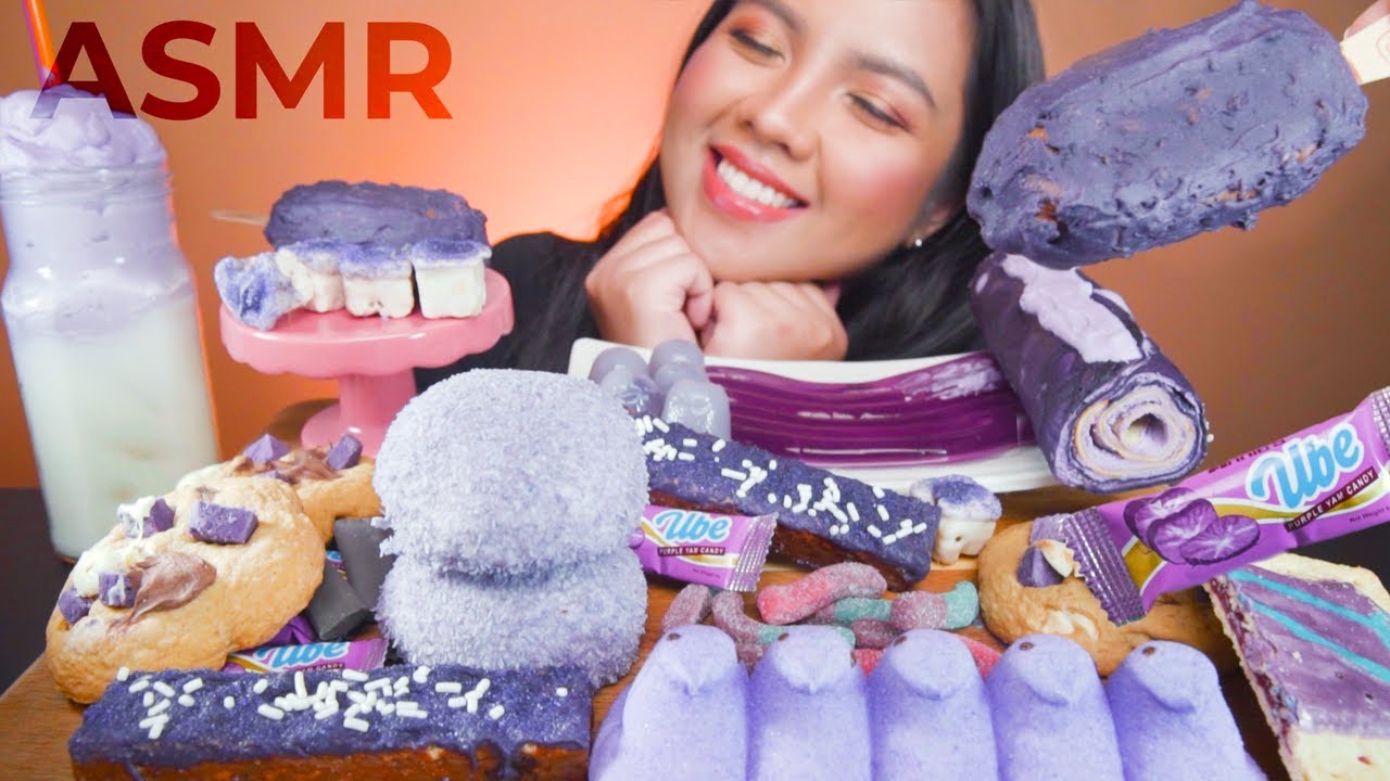 ASMR PURPLE FOODS 보라색 디저트 먹방 JELLY NOODLES UBE DESSERTS CREPE CAKE ROLL UBE DALGONA MUKBANG 먹방