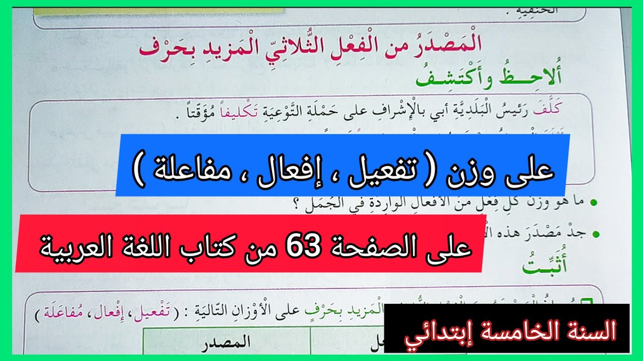 المصدر من الفعل الثلاثي المزيد بحرف على الصفحة 63 من كتاب اللغة العربية للسنة الخامسة إبتدائي