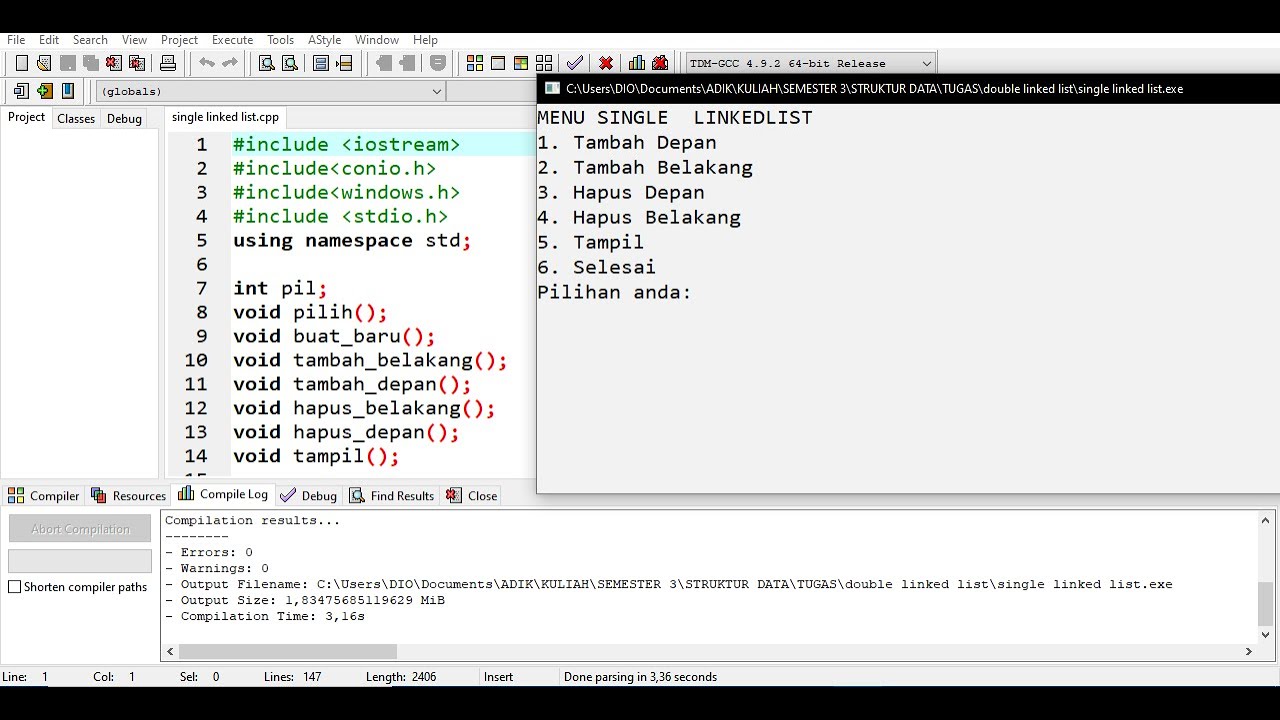 Program Implementasi SINGLE Linked list pada bahasa c++ (STRUKTUR DATA ...