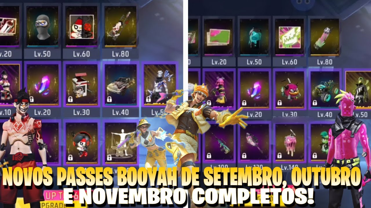 EXCLUSIVO! NOVOS PASSES BOOYAH DE SETEMBRO, OUTUBRO E NOVEMBRO 2023  COMPLETOS! NOVIDADES FREE FIRE 