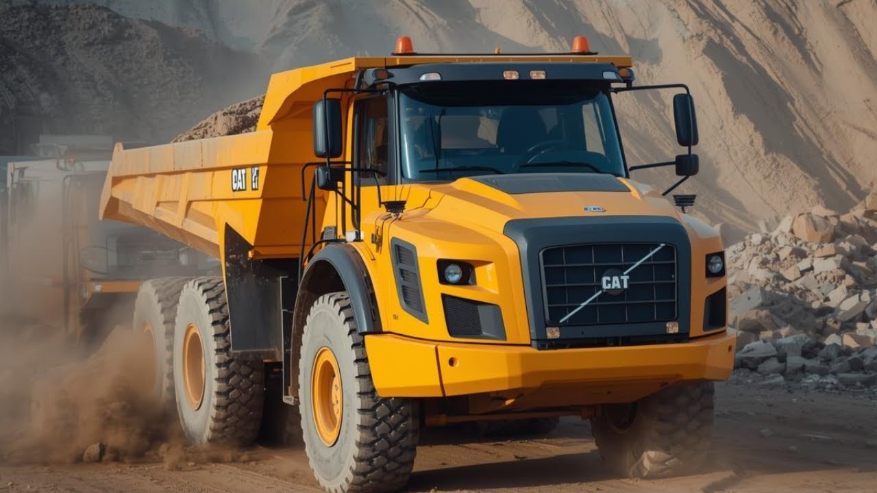 Video of a dump truck carrying materials, working with a crane and an excavator - dump truck sound