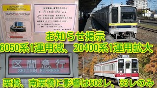 【栗橋駅 6050系1運用減、20400系1運用拡大のお知らせ掲示！】2021年11月16日より東武6050系運用 1運用減！ 栗橋、南栗橋に影響は502レ、33レのみ