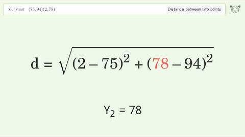 Find the distance between two points p1 (75,94) and p2 (2,78): Step-by-Step Video Solution