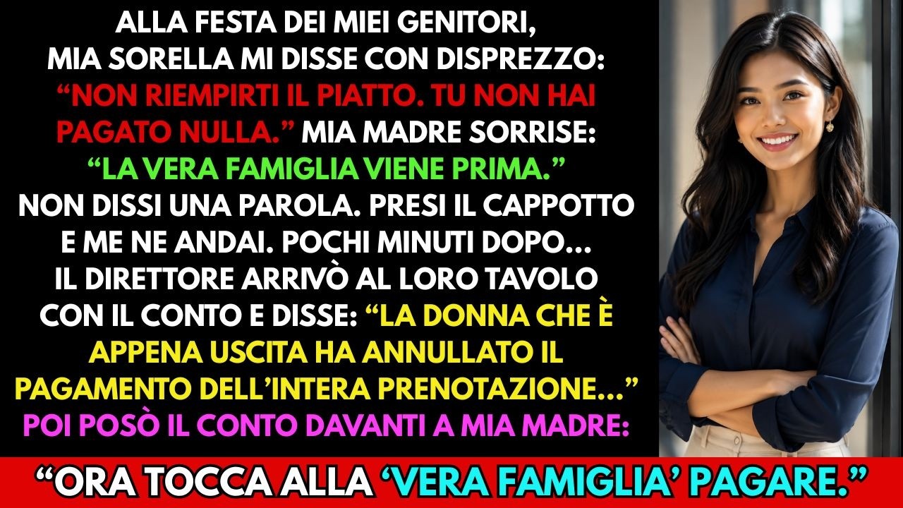 Mia sorella ha battuto il dito sul cucchiaio da portata e ha detto ad alta voce, davanti a tutti i parenti: “Non riempirti il piatto, non hai contribuito con un euro a questa cena.” Mia madre ha...