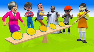 Scary Teacher 3D vs Squid Game Basketball Fly vs Honeycomb Fruit Shapes 5 Times Challenger