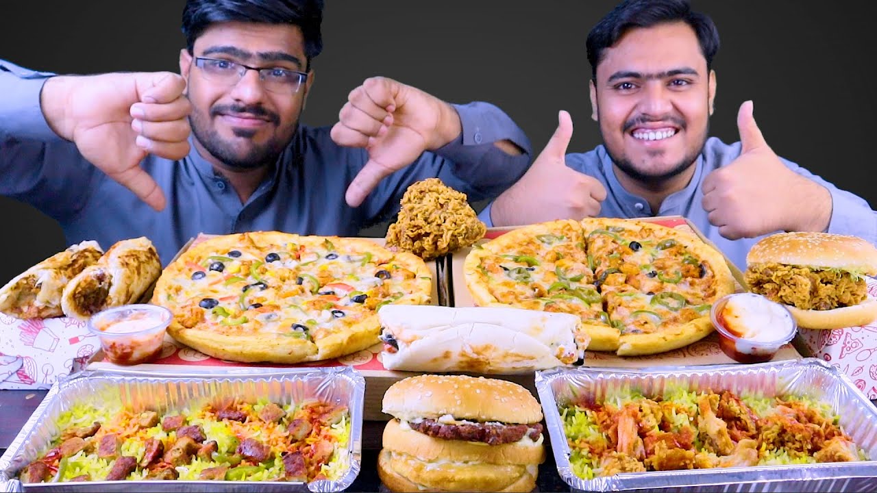 Eating Pizzas, Burgers, Rappa rolls, Crispy rice, Grilled rice, Zinger